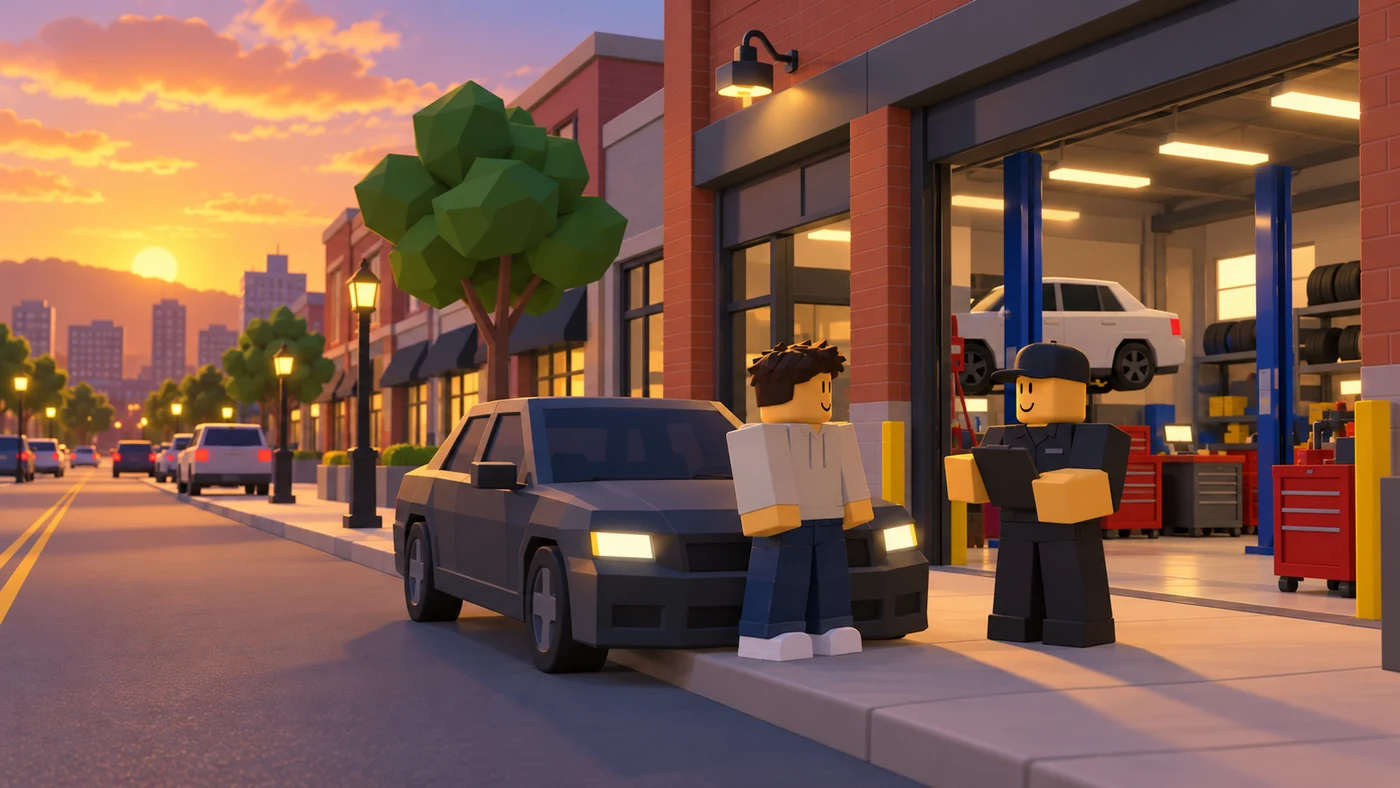 Roblox concept preview of civilian life around a neighborhood mechanic workshop.