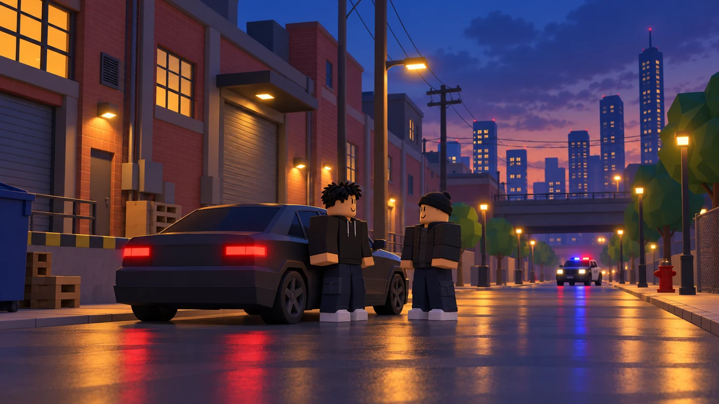 Roblox concept preview of a dark coupe and blocky characters on a city backstreet at blue hour.